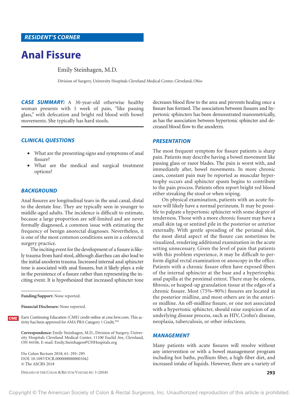 Anal Fissure Emily Steinhagen, M.D