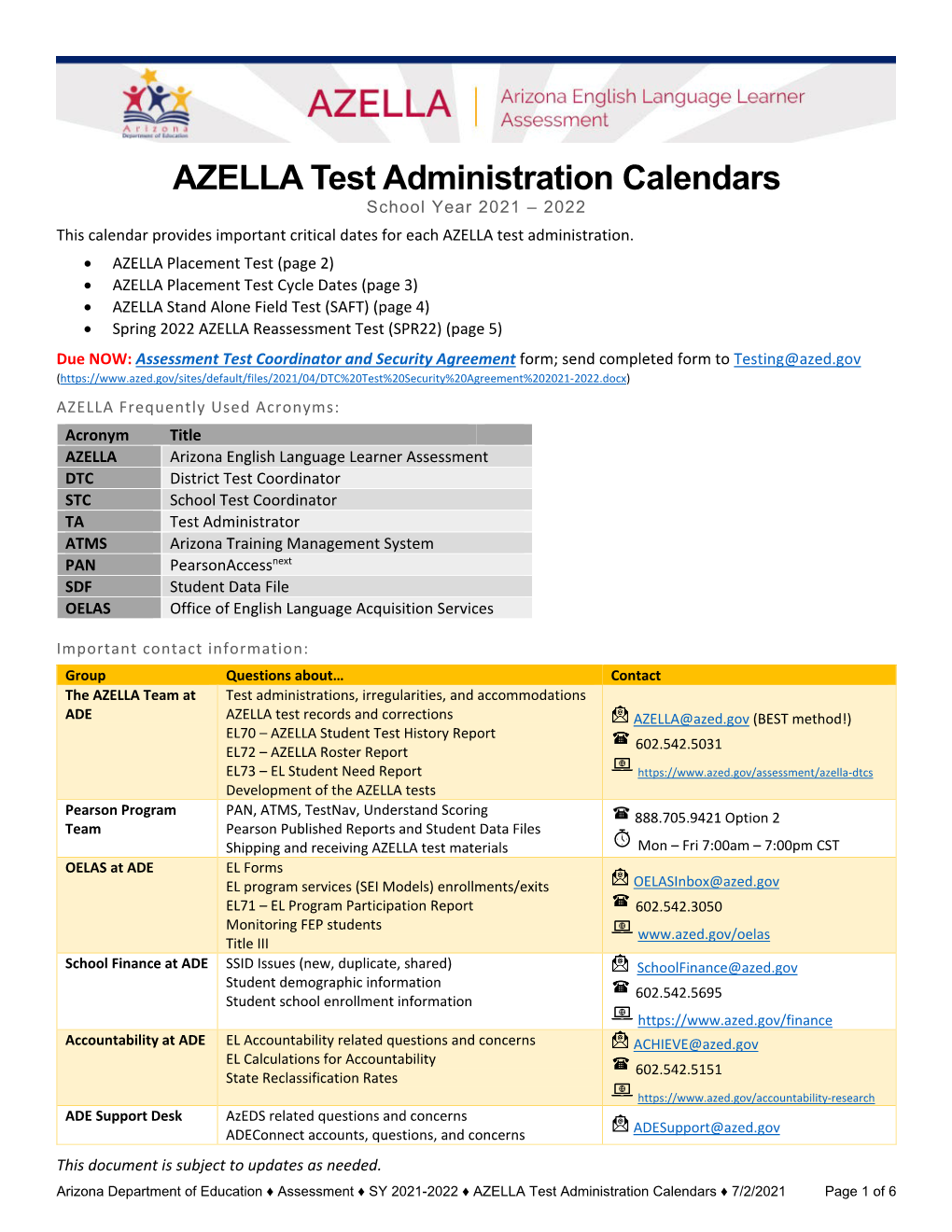 AZELLA Test Administration Calendars School Year 2021-2022