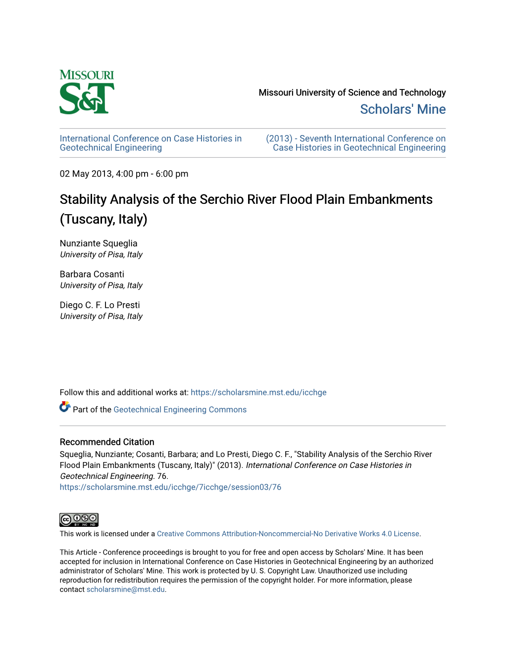 Stability Analysis of the Serchio River Flood Plain Embankments (Tuscany, Italy)