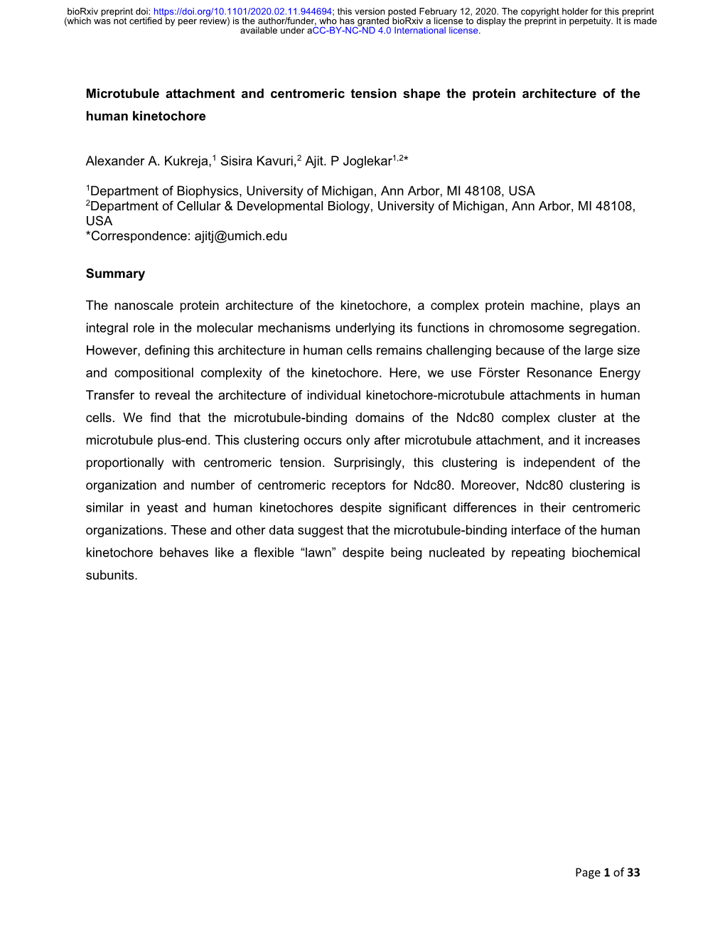 Of 33 Microtubule Attachment and Centromeric Tension Shape