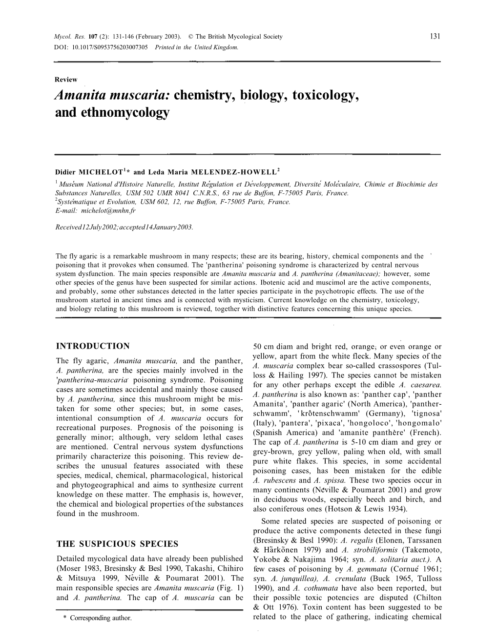 Amanita Muscaria: Chemistry, Biology, Toxicology, and Ethnomycology