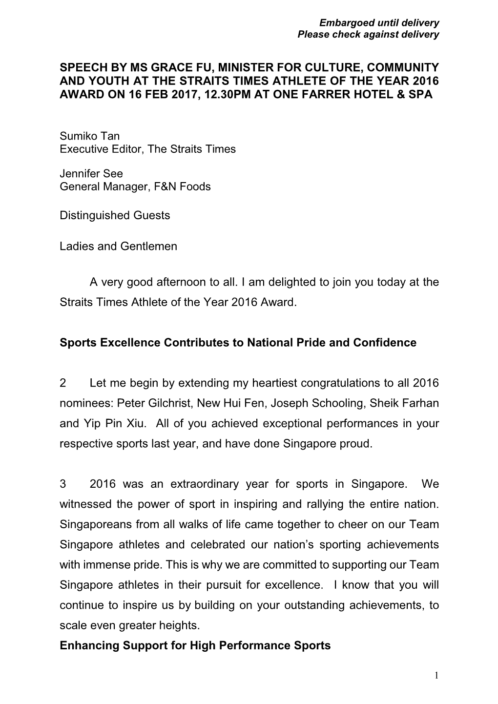 Speech by Minister Grace Fu at the Straits Times Athlete of the Year