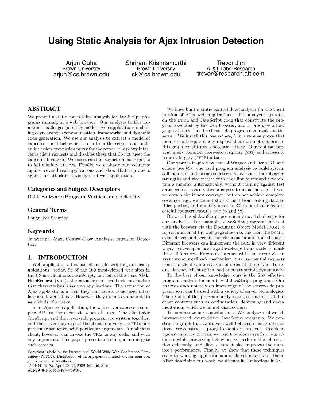 Using Static Analysis for Ajax Intrusion Detection