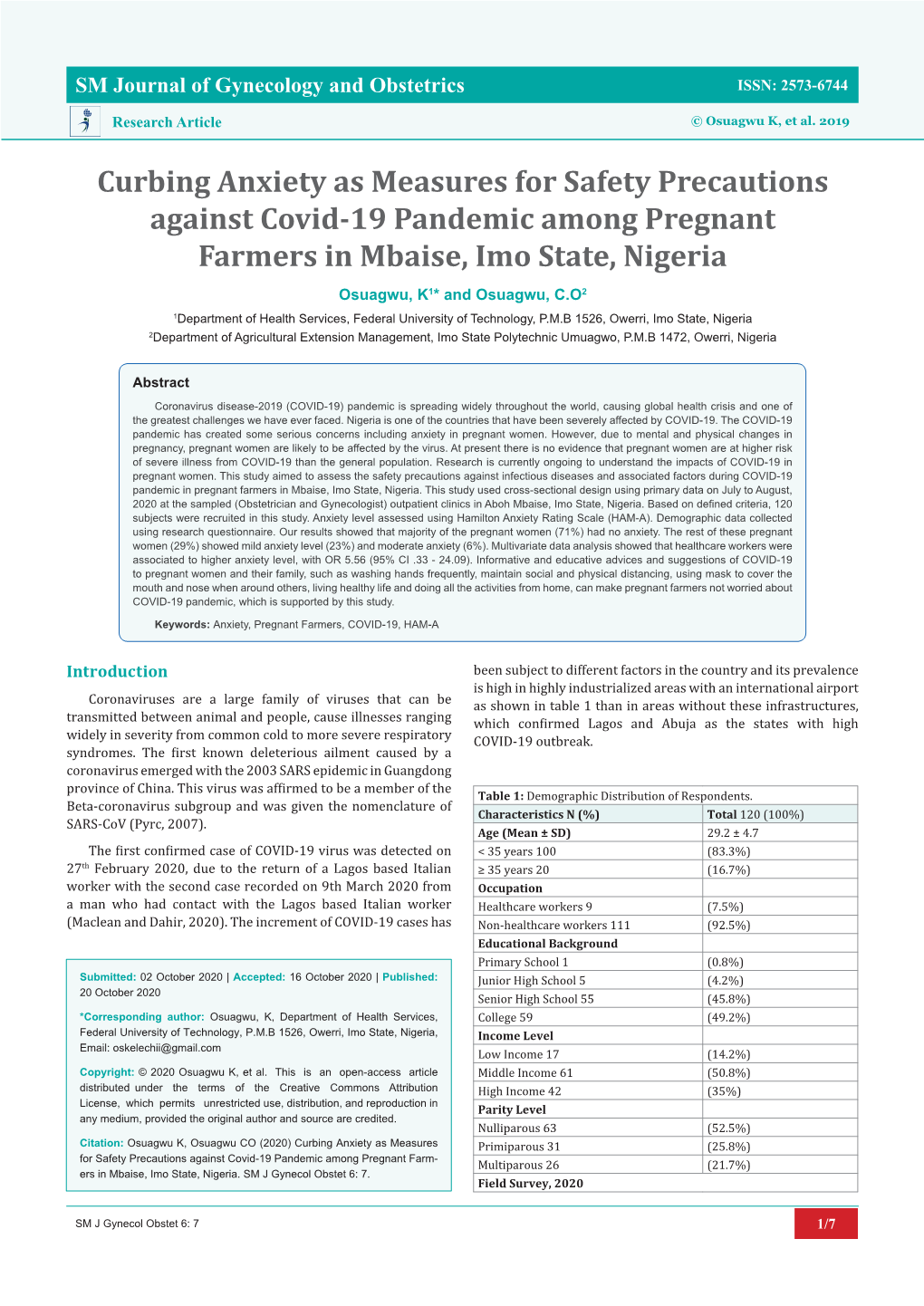 Curbing Anxiety As Measures for Safety Precautions Against Covid-19 Pandemic Among Pregnant Farmers in Mbaise, Imo State, Nigeri