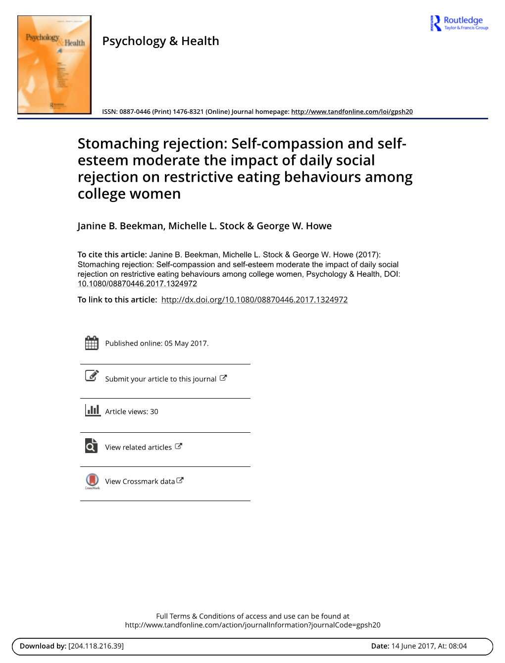 Esteem Moderate the Impact of Daily Social Rejection on Restrictive Eating Behaviours Among College Women