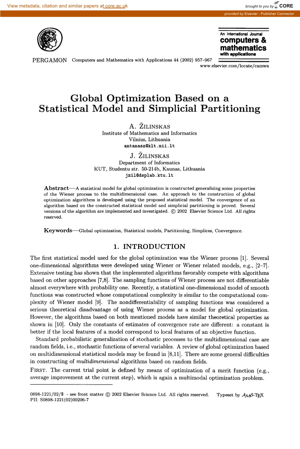 Global Optimization Based on a Statistical Model and Simplicial Partitioning