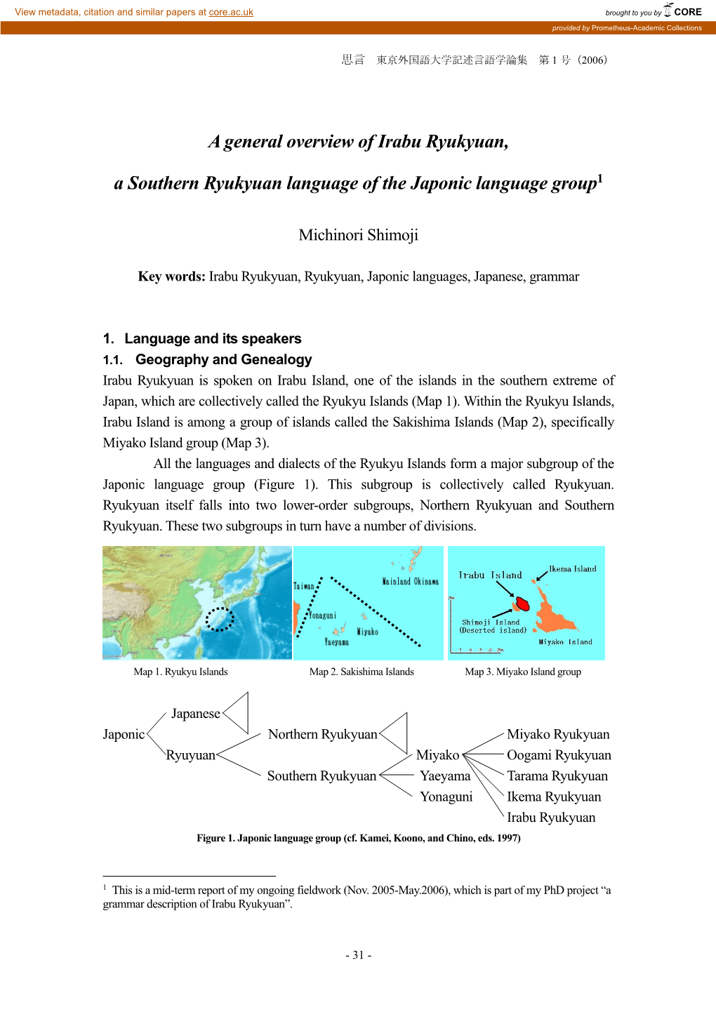 A General Overview of Irabu Ryukyuan, a Southern Ryukyuan Language of the Japonic Language Group1