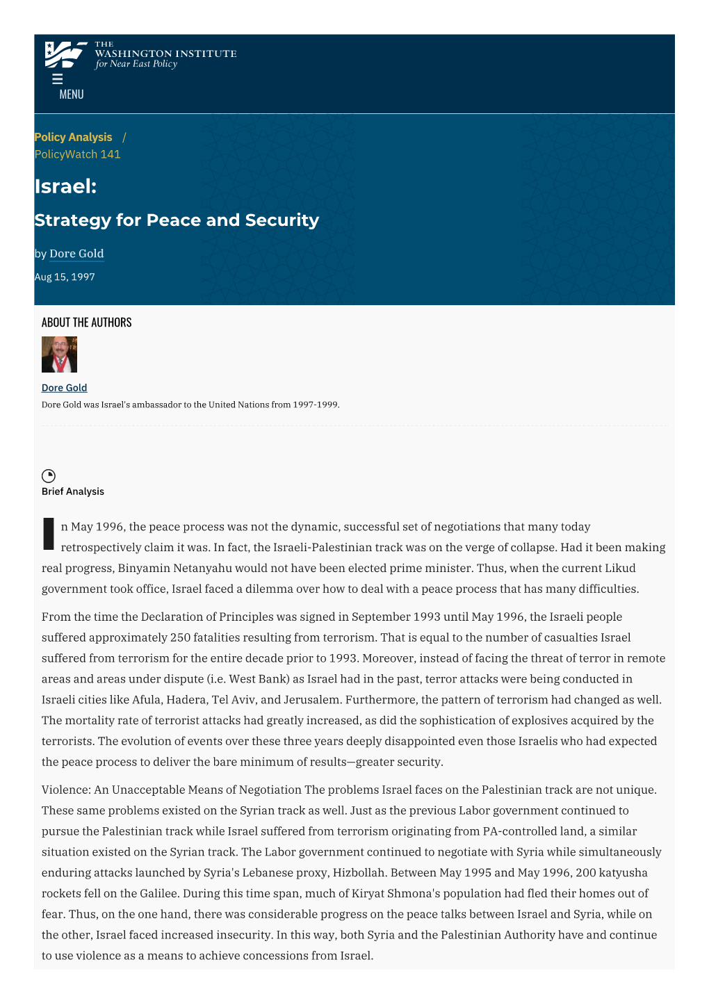 Israel: Strategy for Peace and Security | the Washington Institute