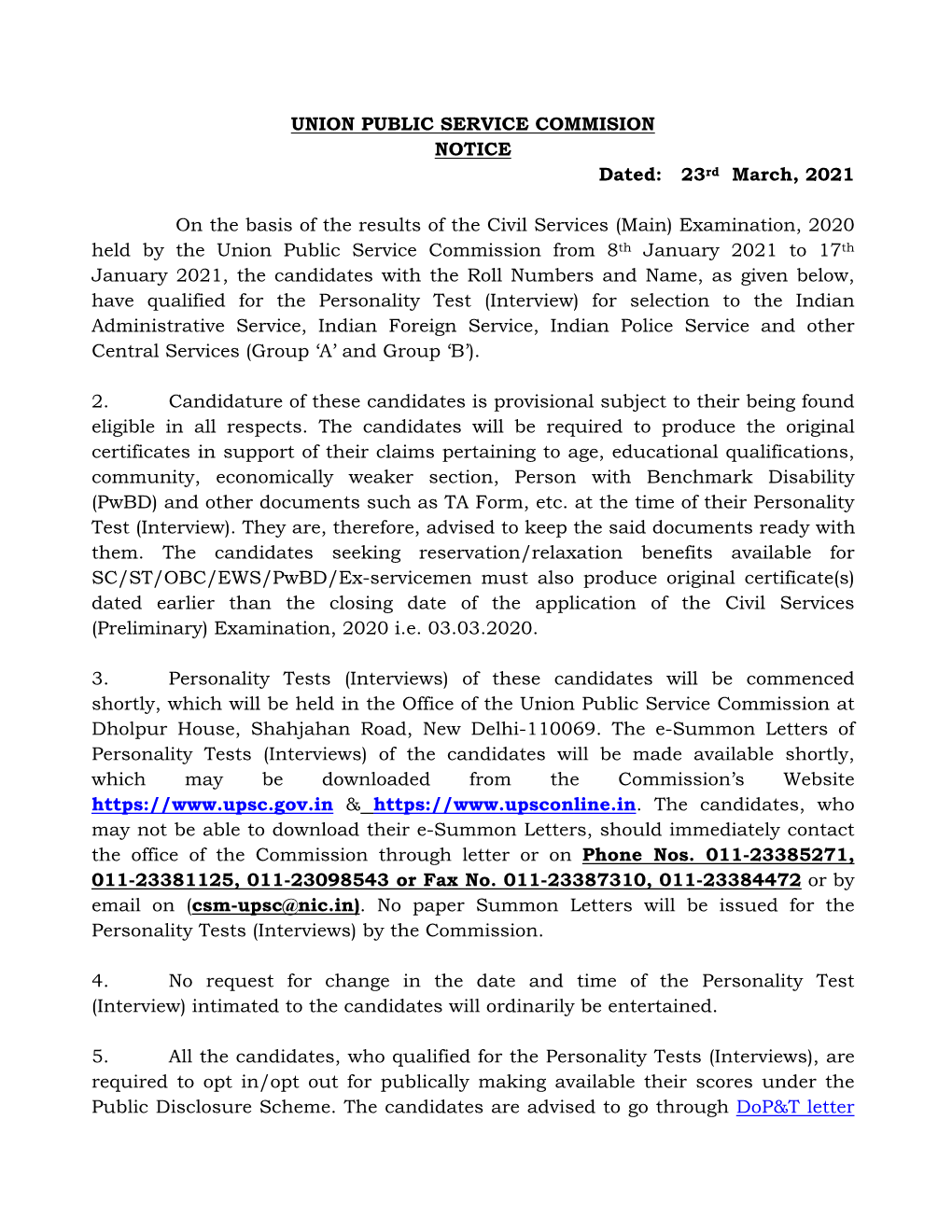 23Rd March, 2021 on the Basis of the Results of the Civil Services