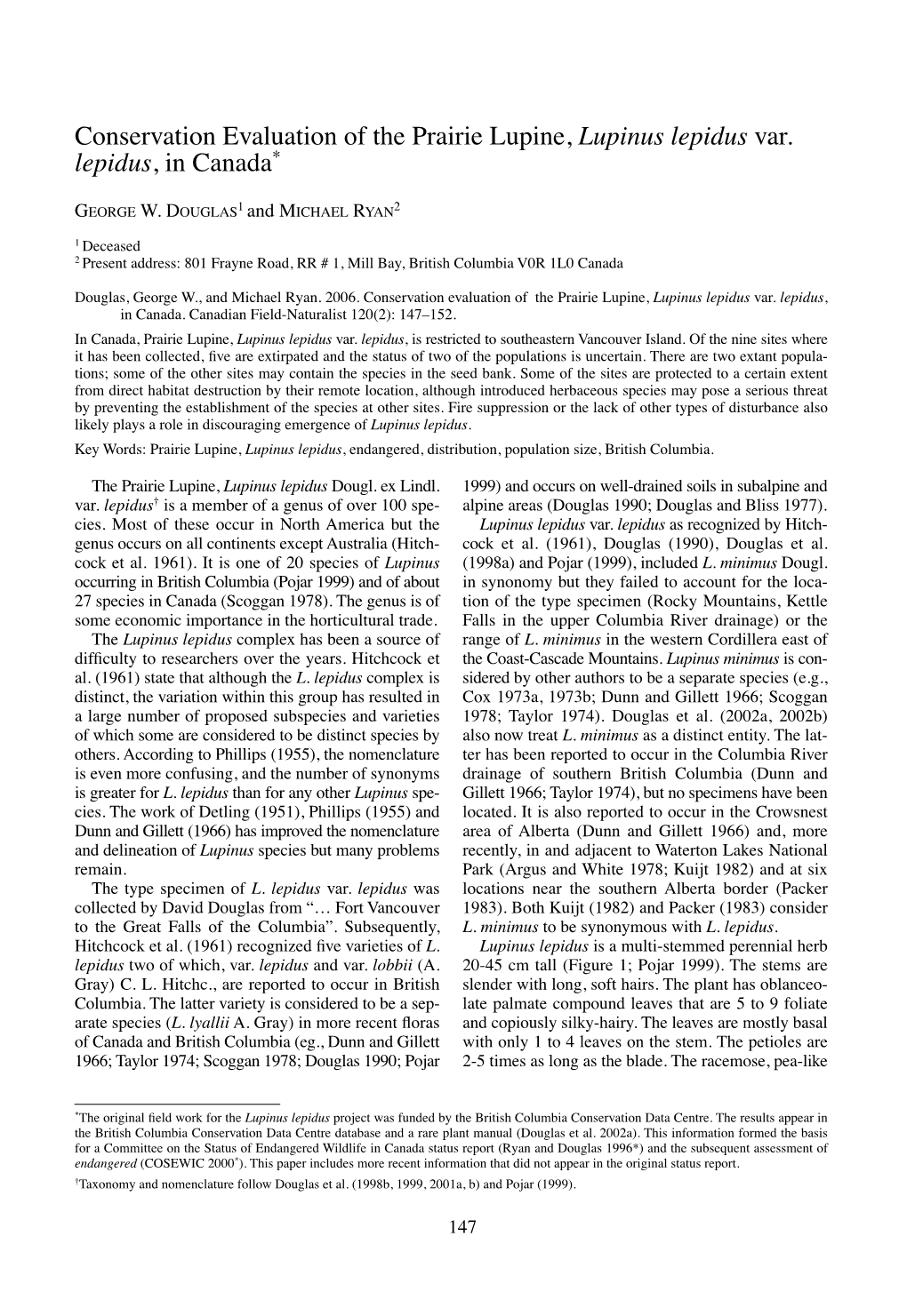 Conservation Evaluation of the Prairie Lupine, Lupinus Lepidus Var