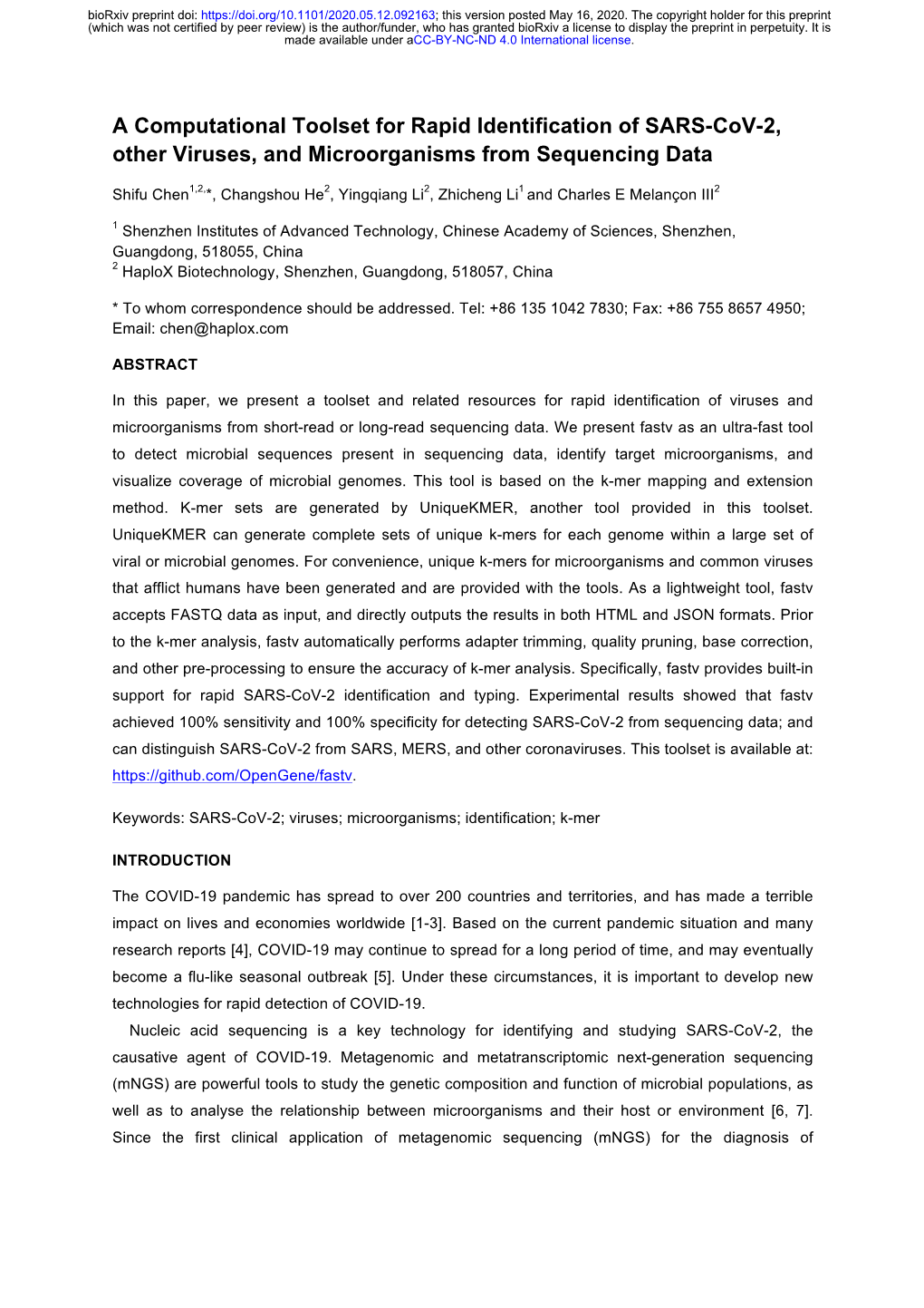 A Computational Toolset for Rapid Identification of SARS-Cov-2, Other Viruses, and Microorganisms from Sequencing Data