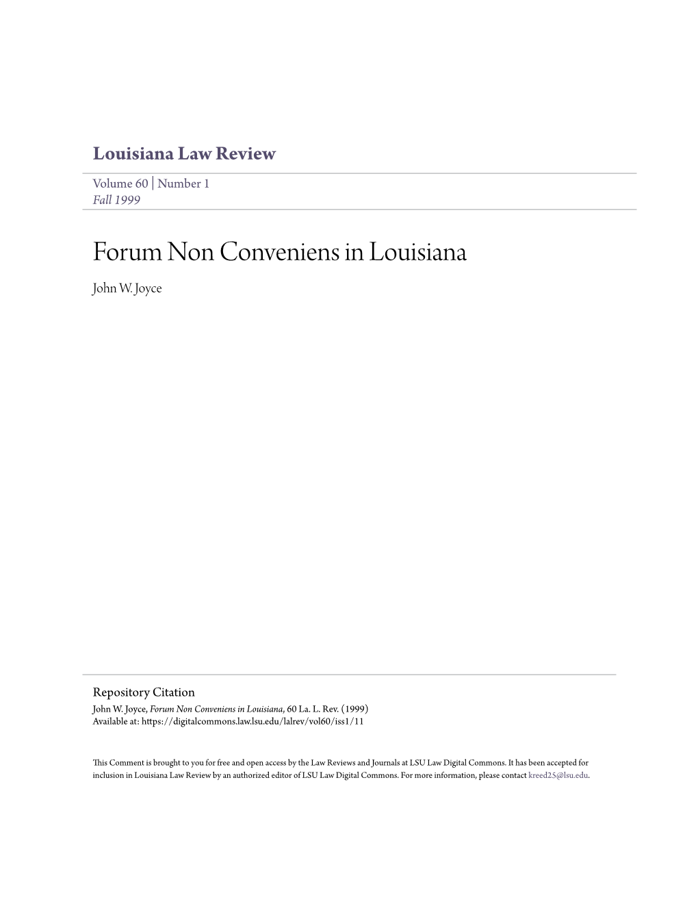 Forum Non Conveniens in Louisiana John W