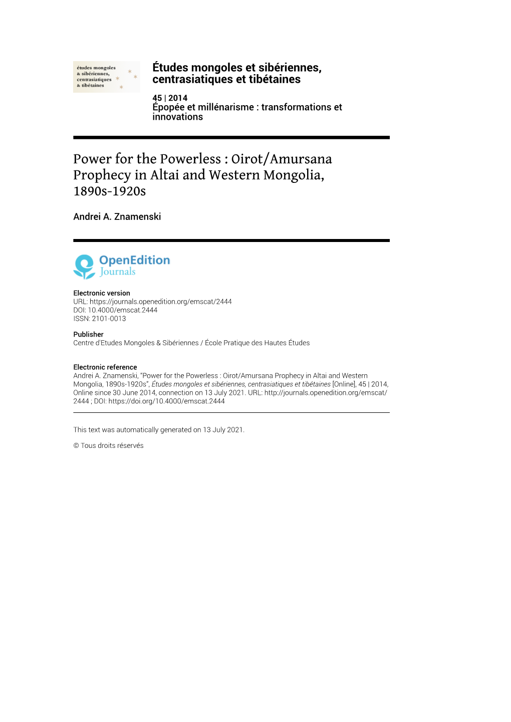 Études Mongoles Et Sibériennes, Centrasiatiques Et Tibétaines, 45 | 2014 Power for the Powerless : Oirot/Amursana Prophecy in Altai and Western Mongol