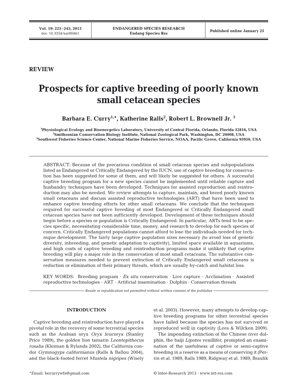Prospects for Captive Breeding of Poorly Known Small Cetacean Species