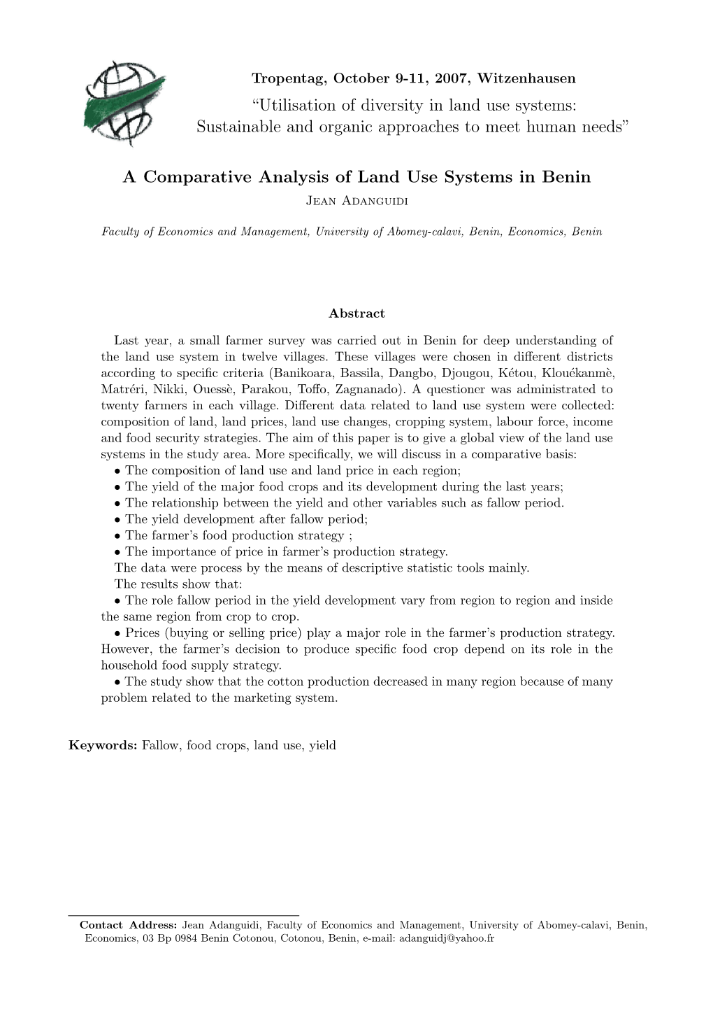 A Comparative Analysis of Land Use Systems in Benin Jean Adanguidi