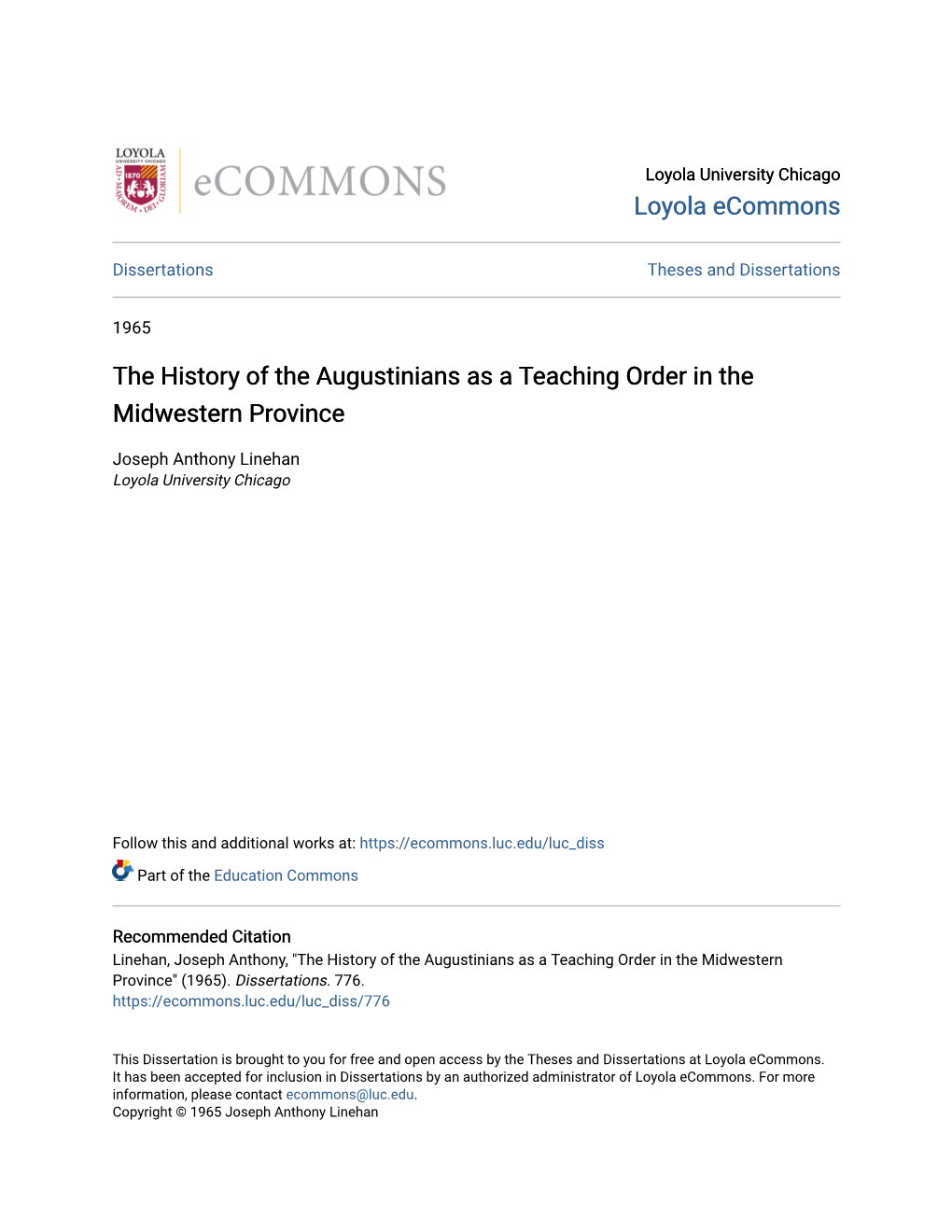 The History of the Augustinians As a Teaching Order in the Midwestern Province