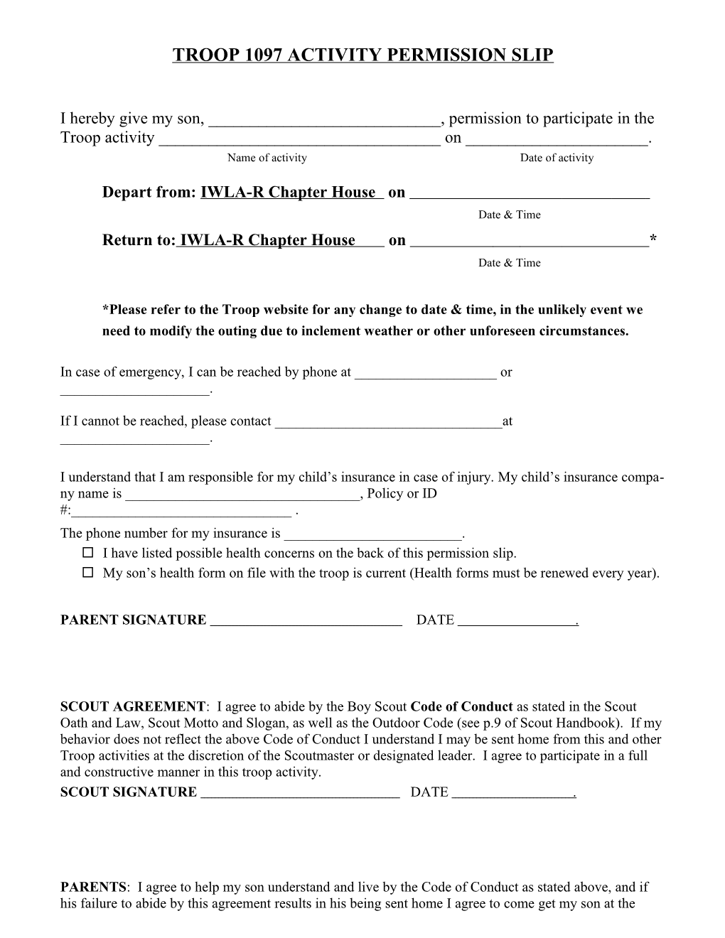 Troop 1097 Activity Permission Slip