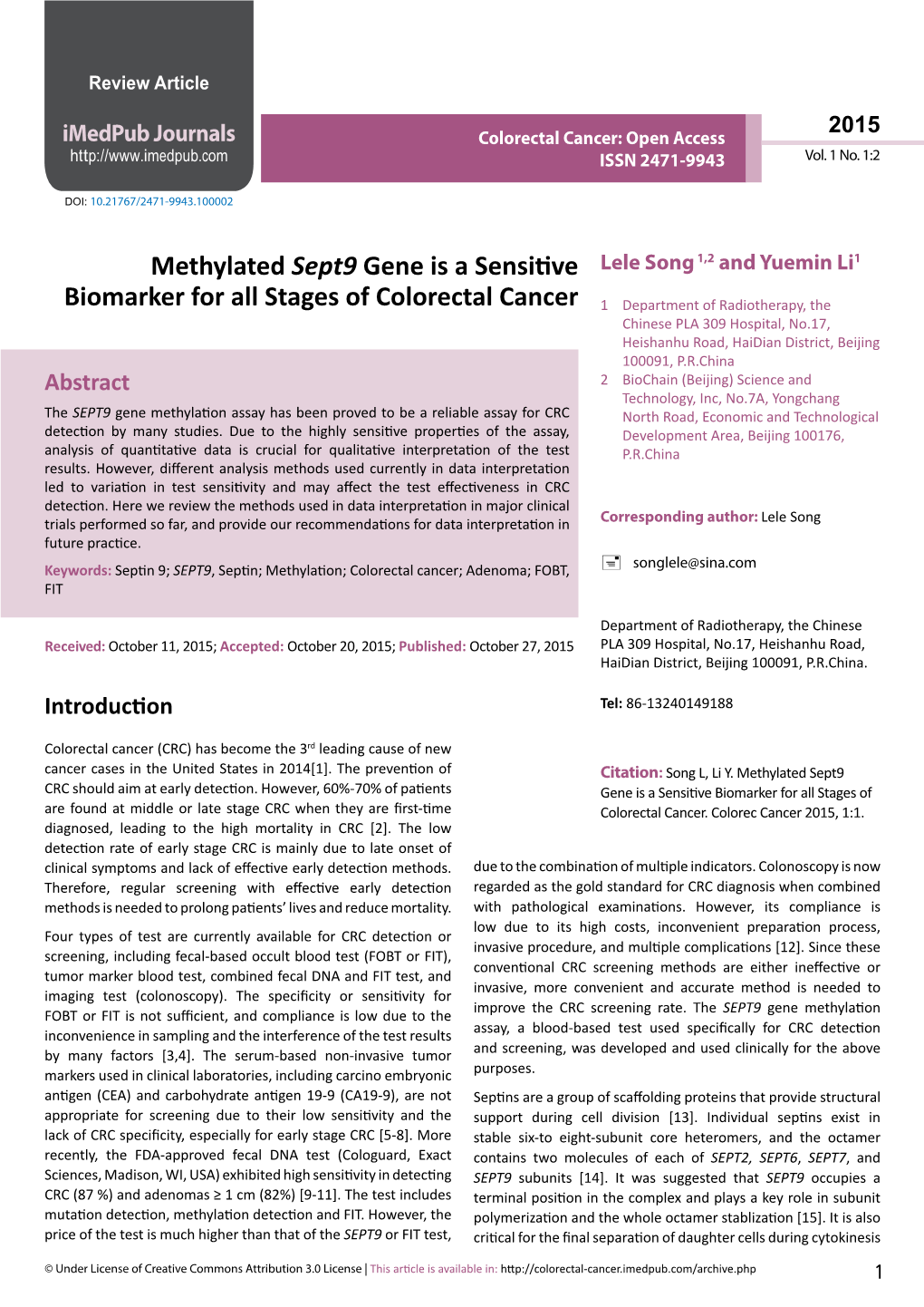 Methylated Sept9 Gene Is a Sensitive Biomarker for All Stages Of