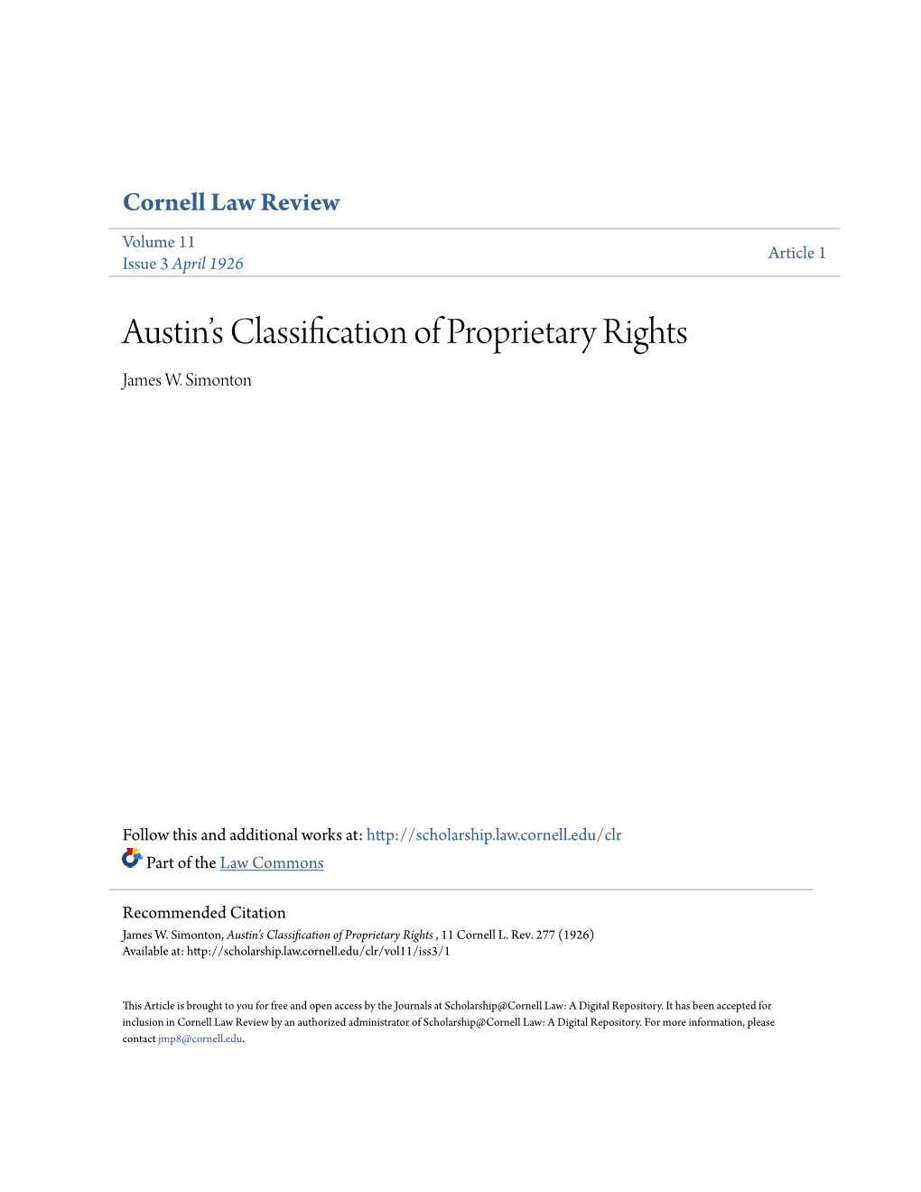 Austin's Classification of Proprietary Rights JAMES W