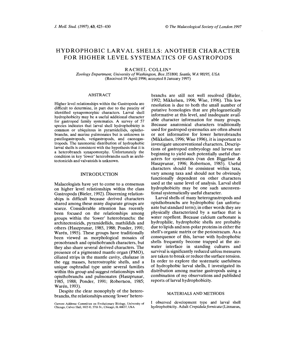 Hydrophobic Larval Shells: Another Character for Higher Level Systematics of Gastropods