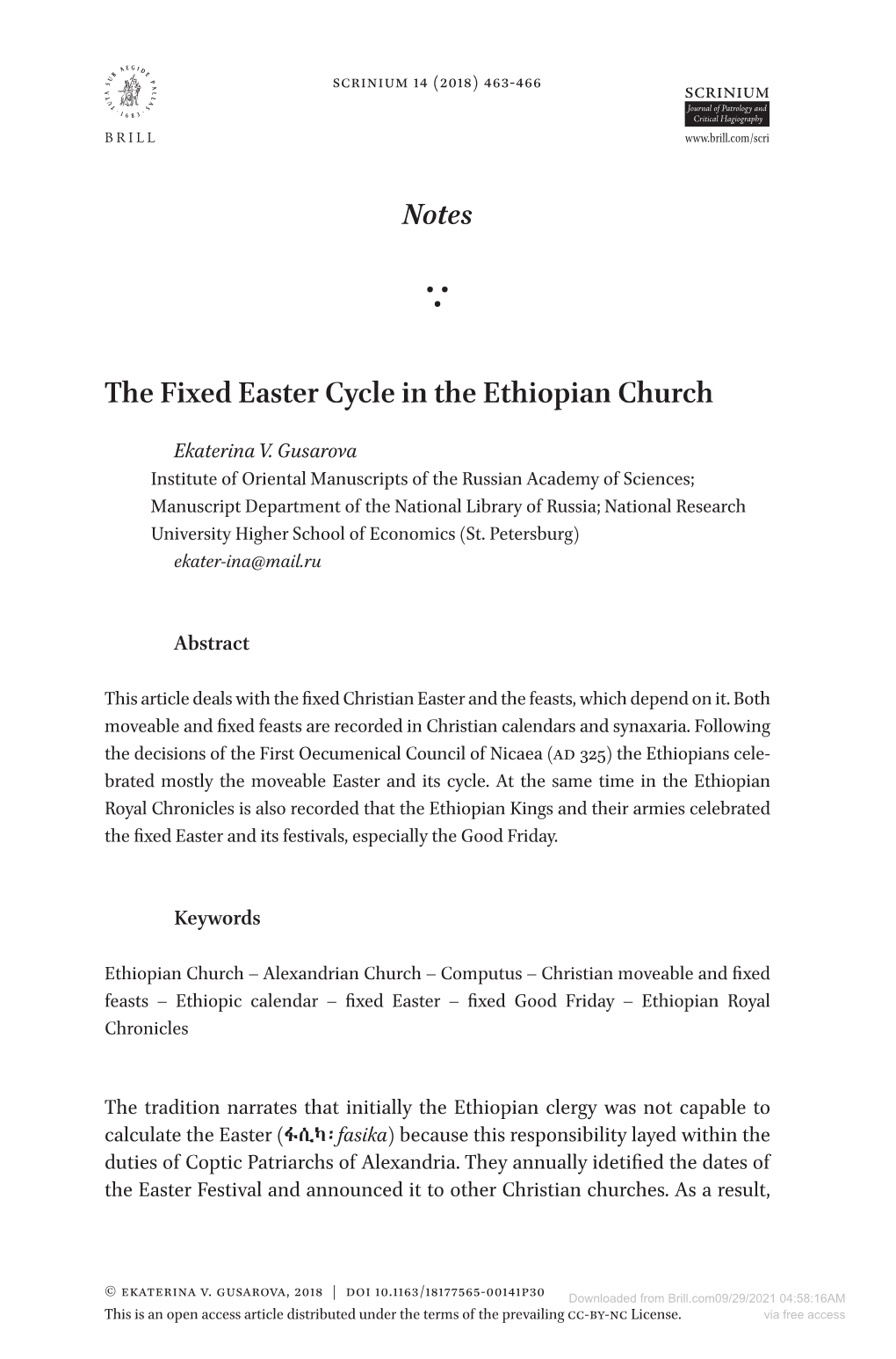 Notes the Fixed Easter Cycle in the Ethiopian Church