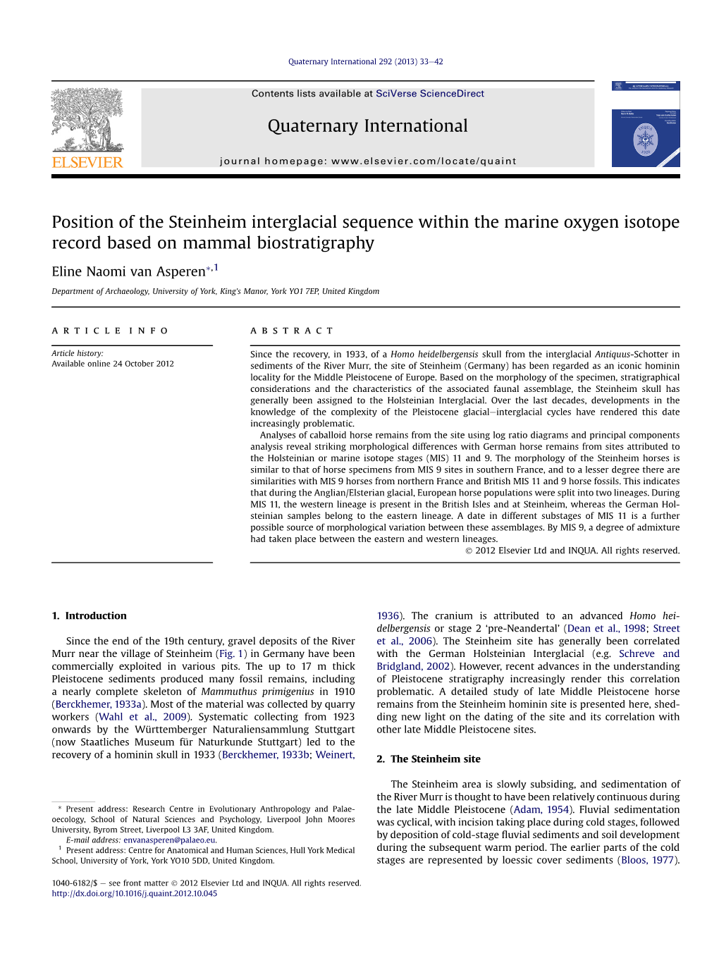 Position of the Steinheim Interglacial Sequence Within the Marine Oxygen Isotope Record Based on Mammal Biostratigraphy