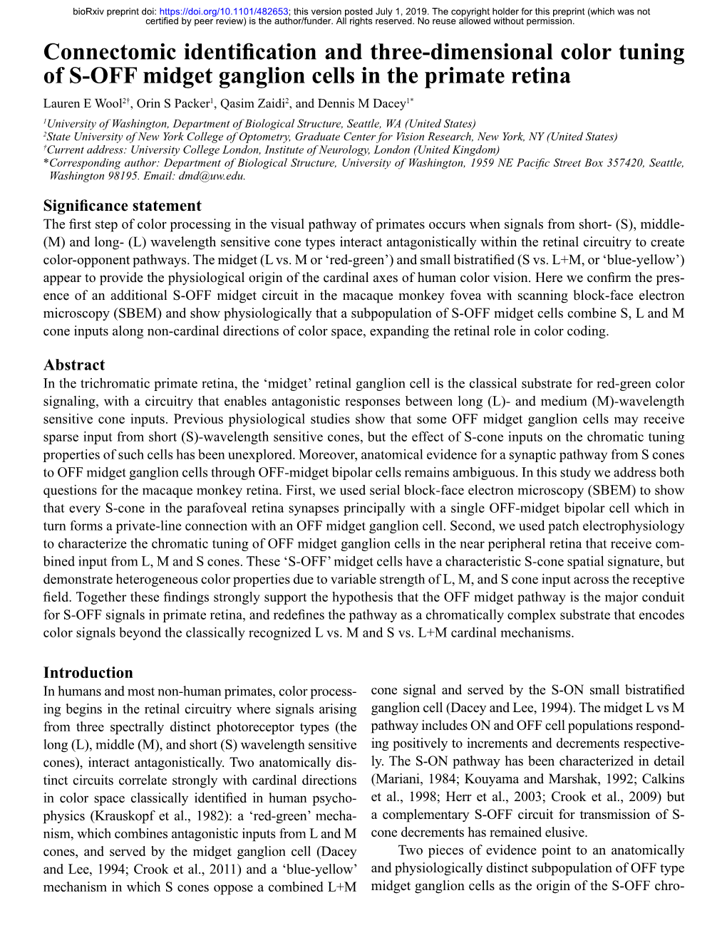 Connectomic Identification and Three-Dimensional Color Tuning of S-OFF Midget Ganglion Cells in the Primate Retina