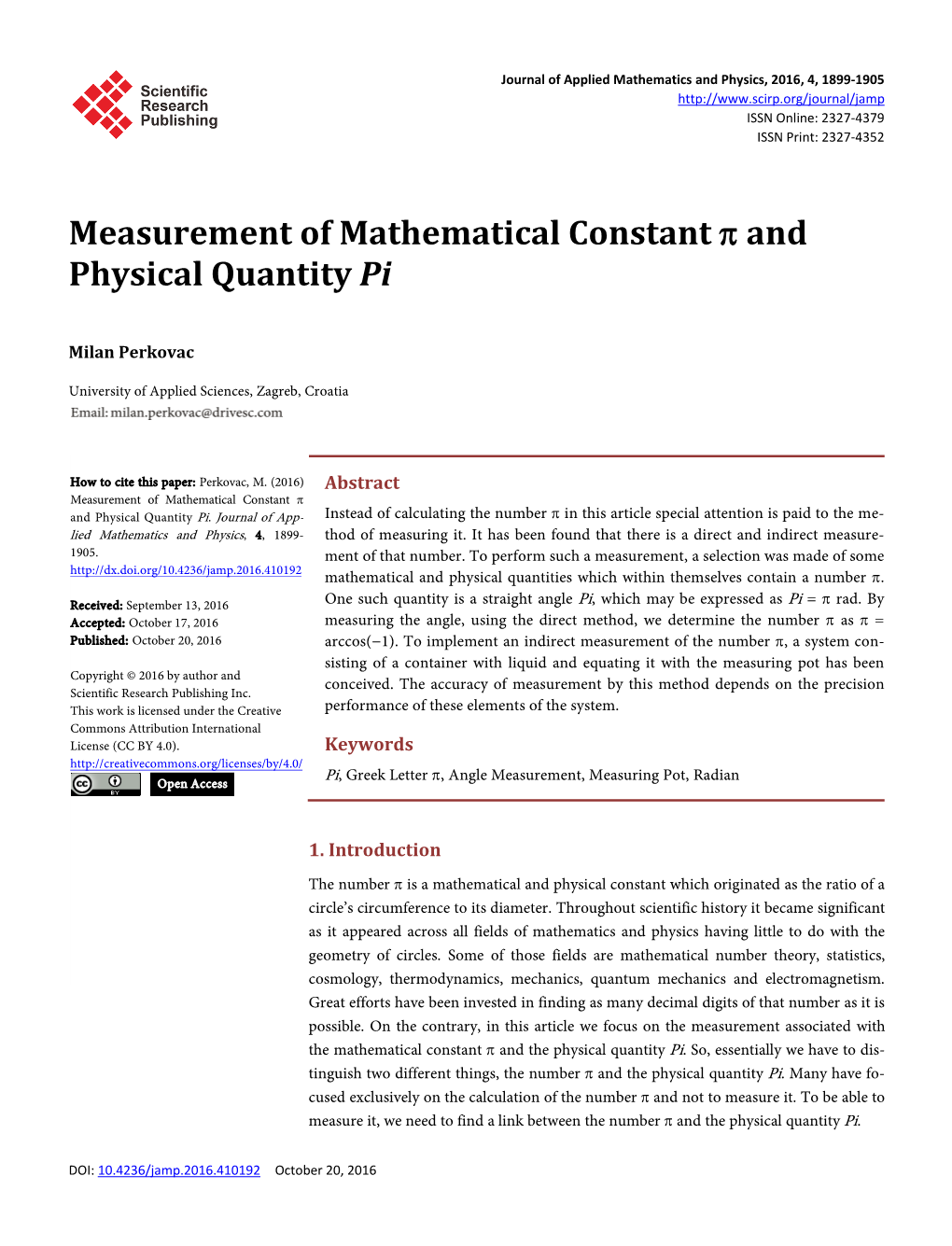 Measurement of Mathematical Constant P and Physical Quantity Pi