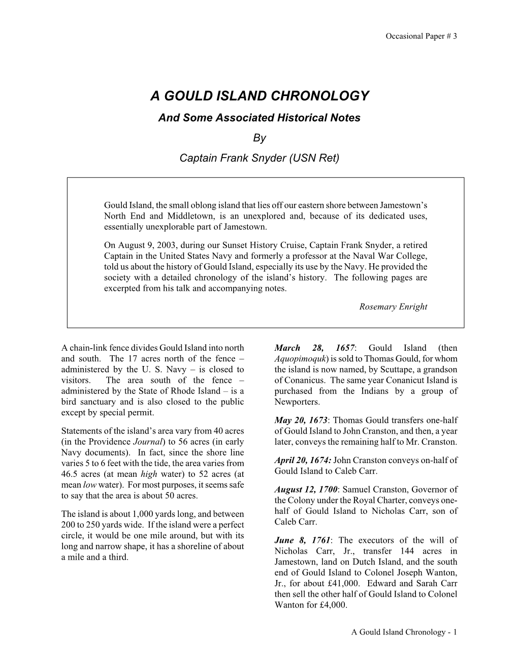 A GOULD ISLAND CHRONOLOGY and Some Associated Historical Notes by Captain Frank Snyder (USN Ret)