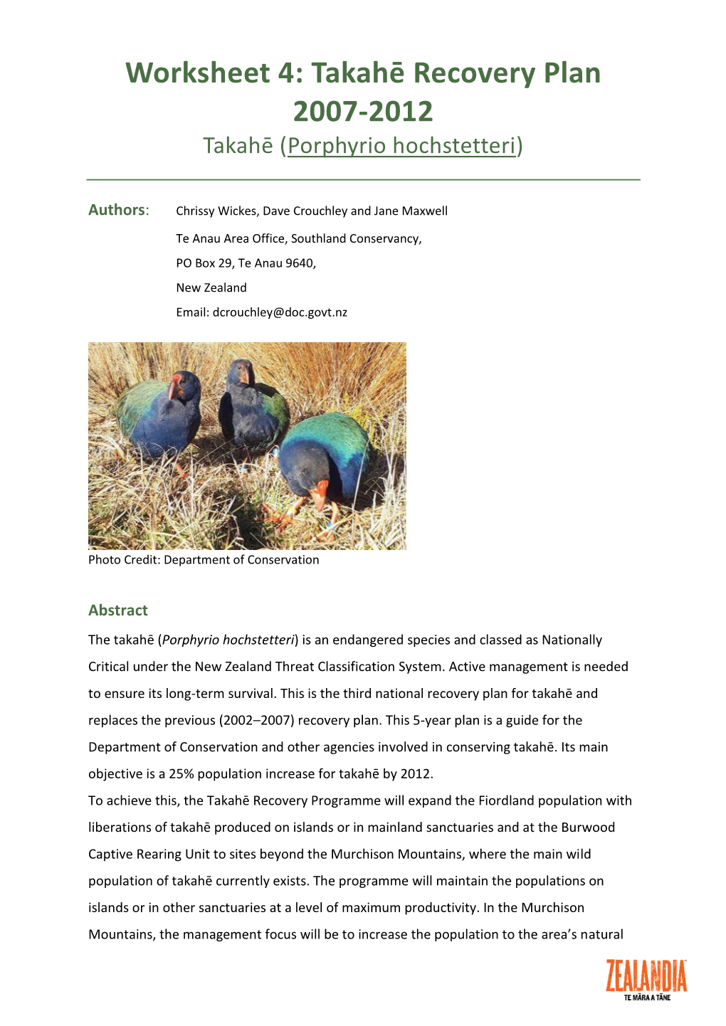 Worksheet 4: Takahē Recovery Plan 2007-2012 Takahē (Porphyrio Hochstetteri)