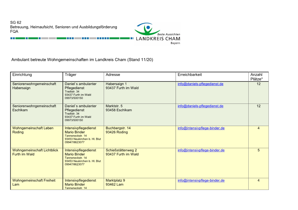 Ambulant Betreute Wohngemeinschaften Im Landkreis Cham (Stand 11/20)