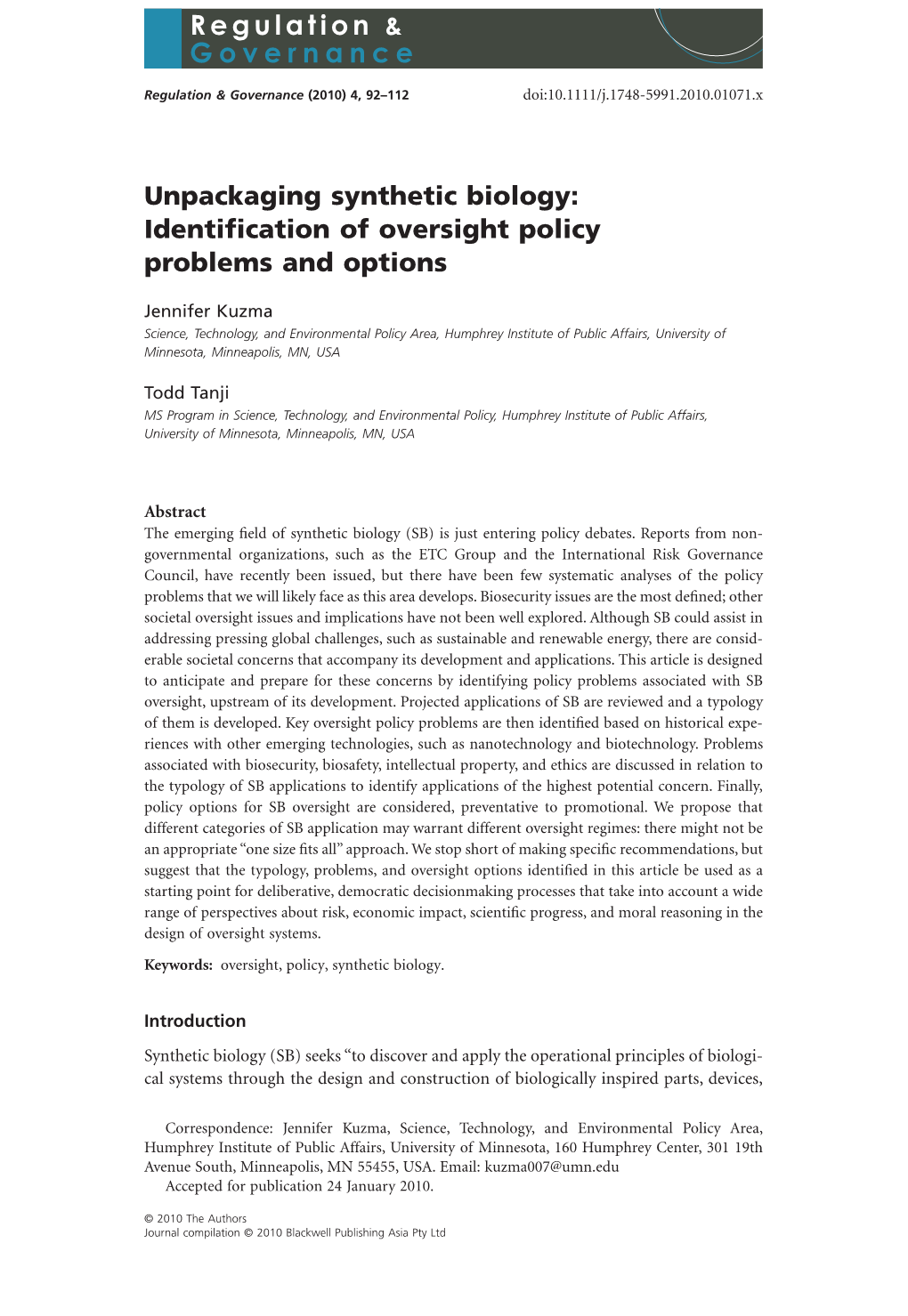 Unpackaging Synthetic Biology: Identification of Oversight Policy