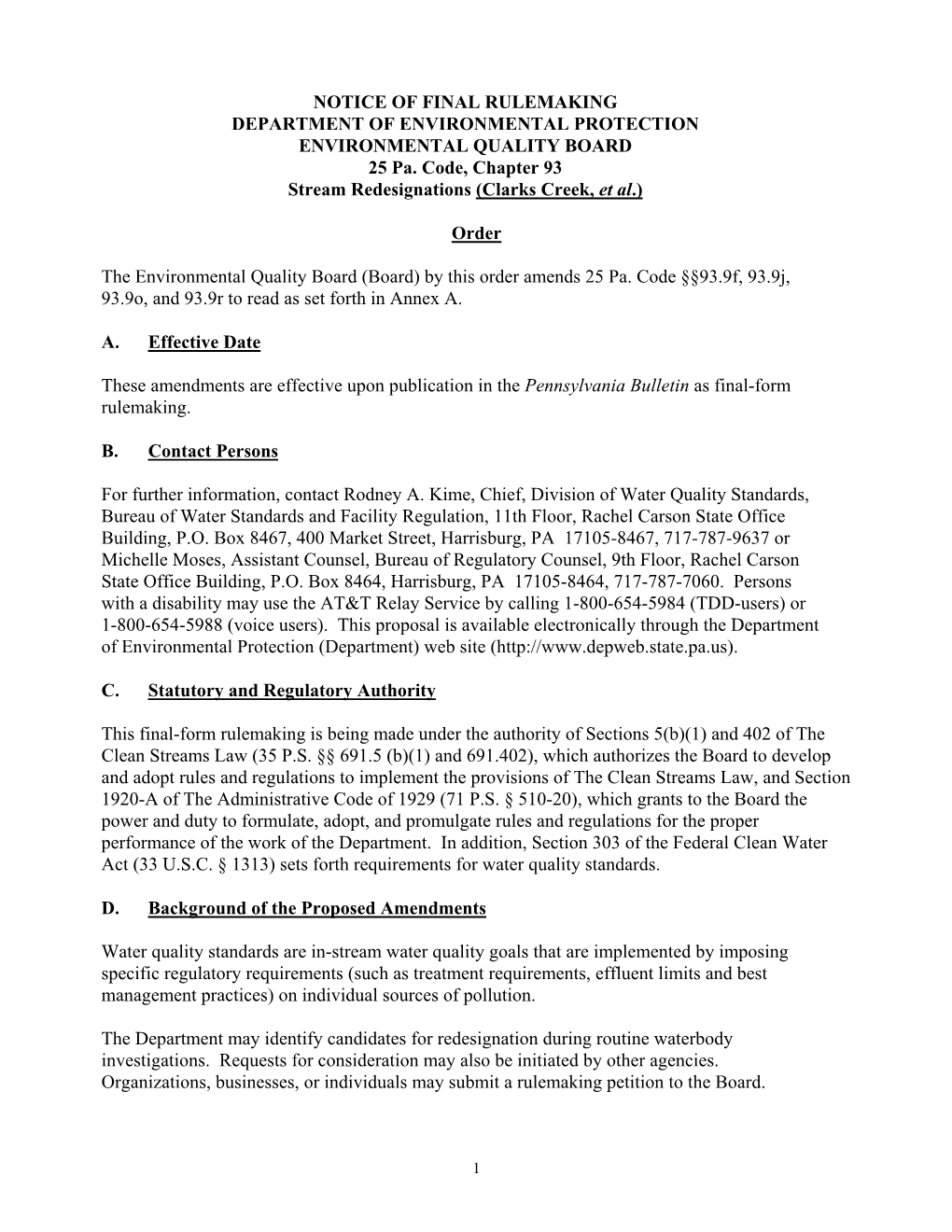 NOTICE of FINAL RULEMAKING DEPARTMENT of ENVIRONMENTAL PROTECTION ENVIRONMENTAL QUALITY BOARD 25 Pa