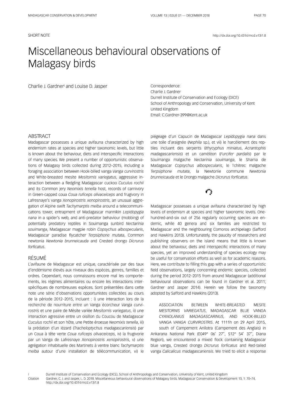 Miscellaneous Behavioural Observations of Malagasy Birds