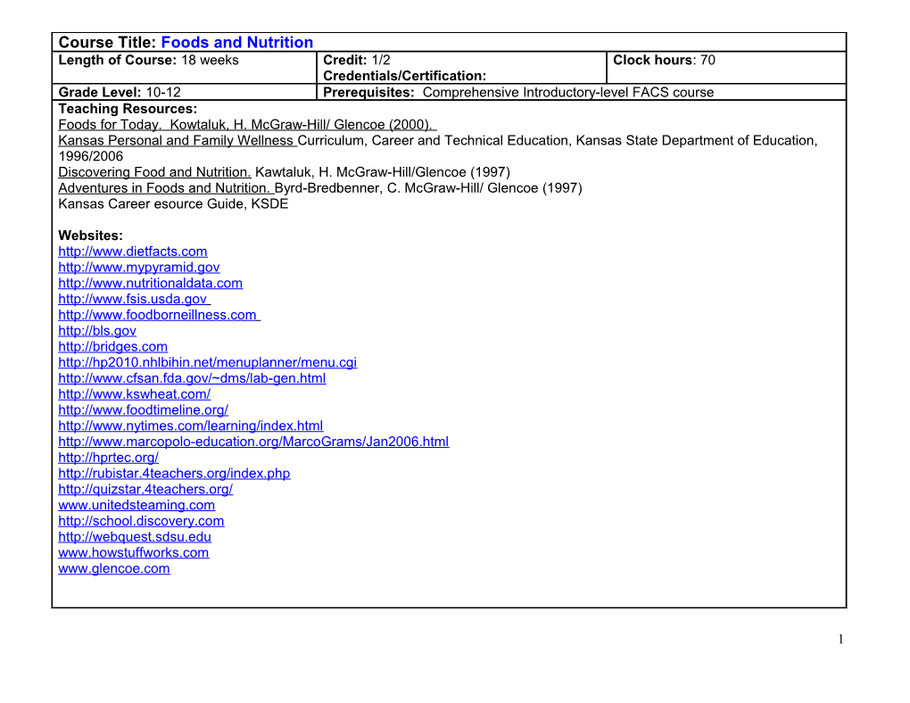 Course Title: Foods and Nutrition