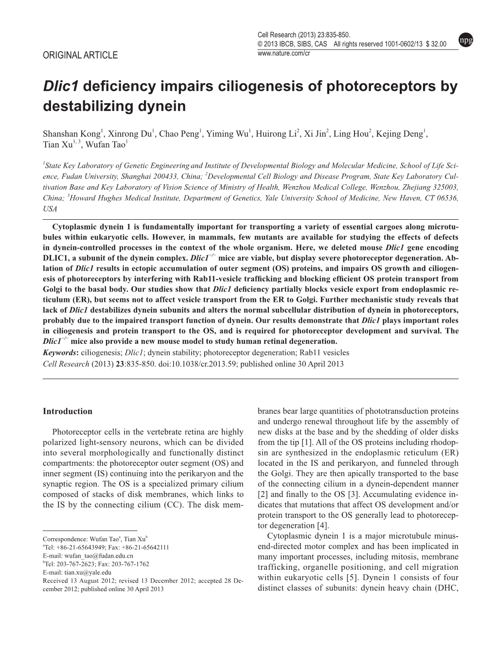 Dlic1 Deficiency Impairs Ciliogenesis of Photoreceptors by Destabilizing Dynein