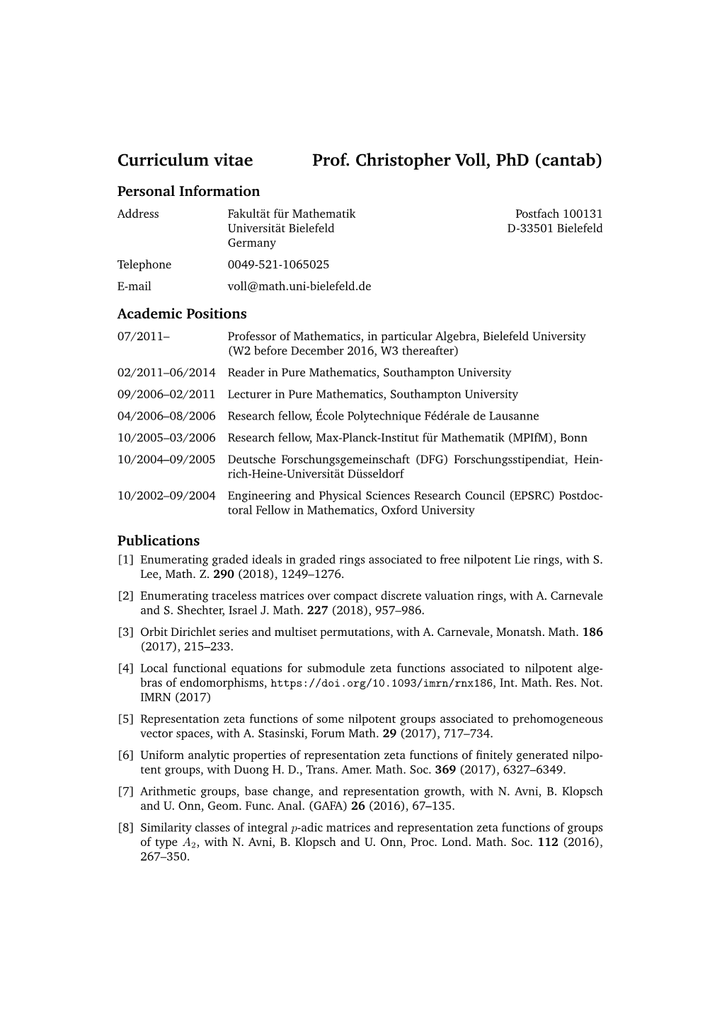 Curriculum Vitae Prof. Christopher Voll, Phd (Cantab)