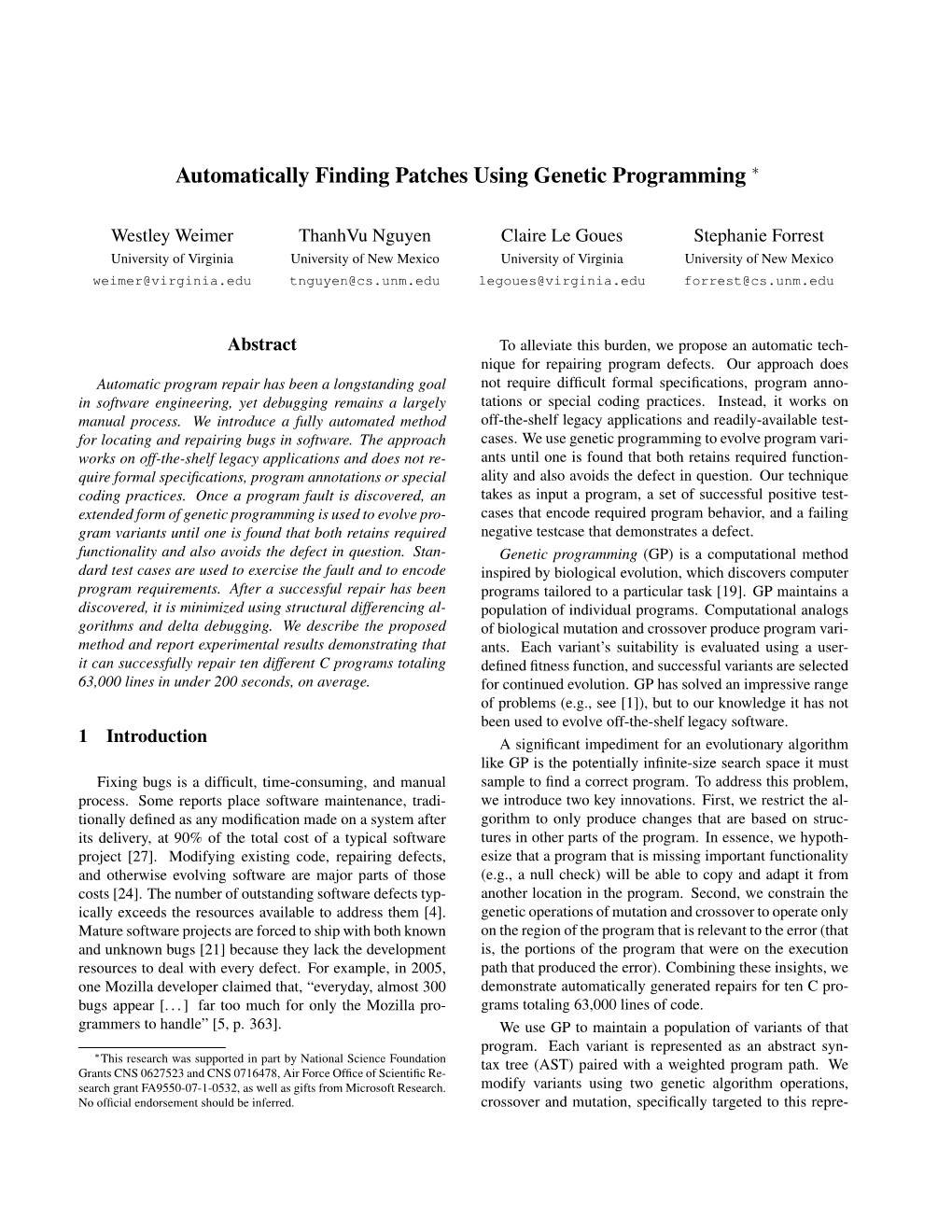 Automatically Finding Patches Using Genetic Programming ∗