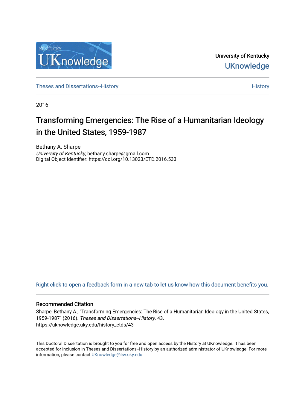Transforming Emergencies: the Rise of a Humanitarian Ideology in the United States, 1959-1987