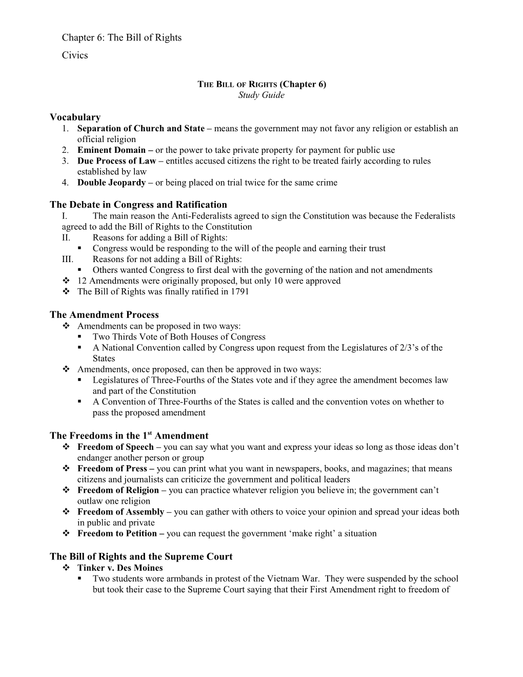 The Bill of Rights (Chapter 6) Exam Study Guide