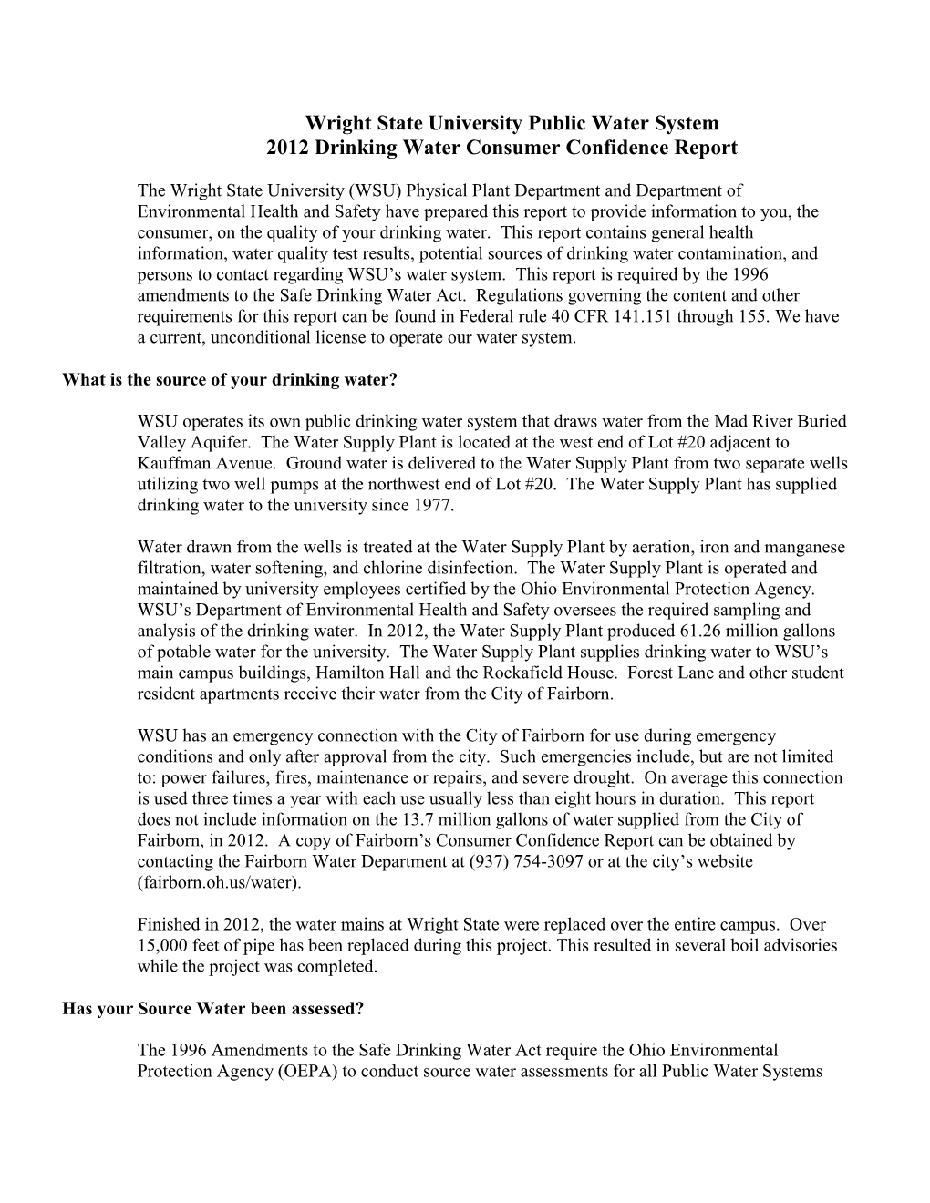 Wright State University Public Water System 2012 Drinking Water Consumer Confidence Report