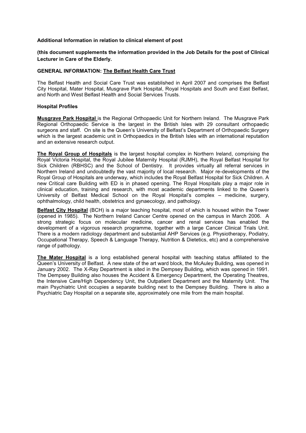 Additional Information in Relation to Clinical Element of Post