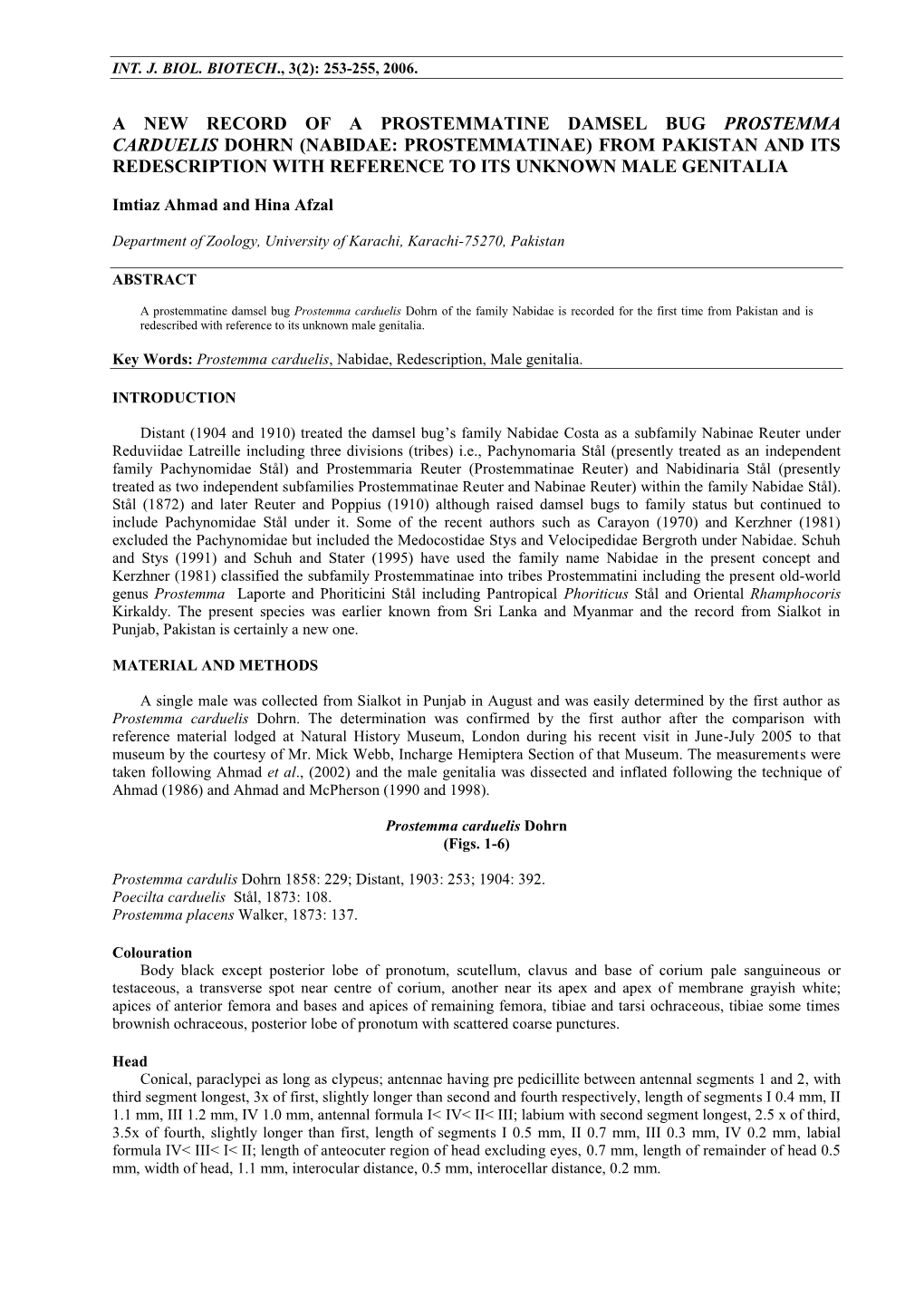 A New Record of a Prostemmatine Danrsel Bug Prostemnaa Cardnetis Dohrn (Nabidae: Prostemmatinae from Pakistan and Its Redescri