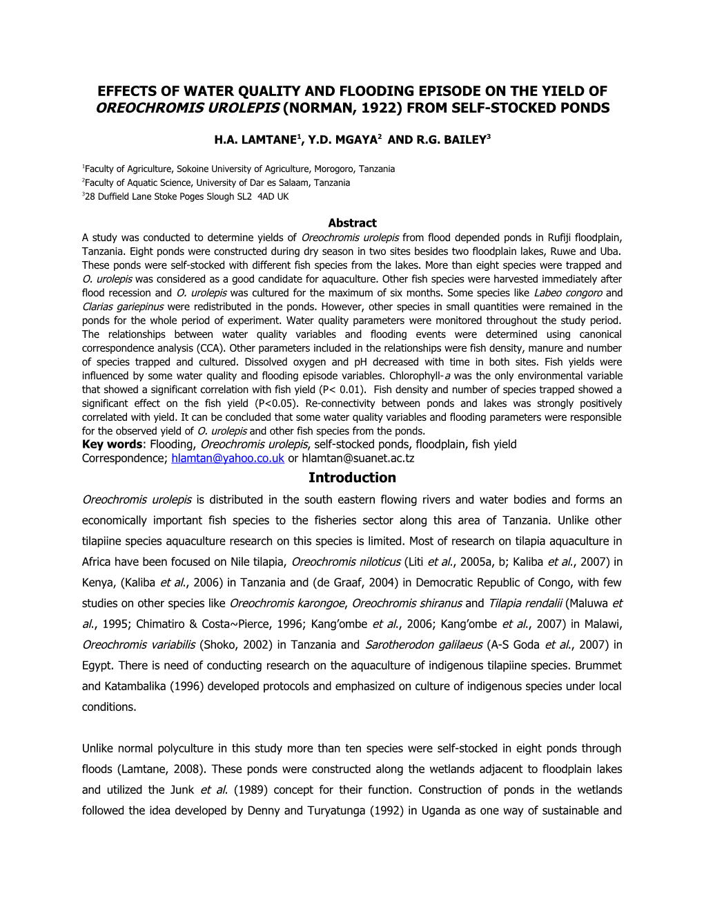 Effects of Water Quality and Flooding Episode on the Yield of Oreochromis Urolepis (Norman