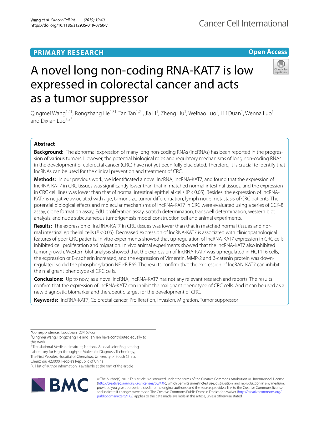 A Novel Long Non-Coding RNA-KAT7 Is Low Expressed in Colorectal Cancer