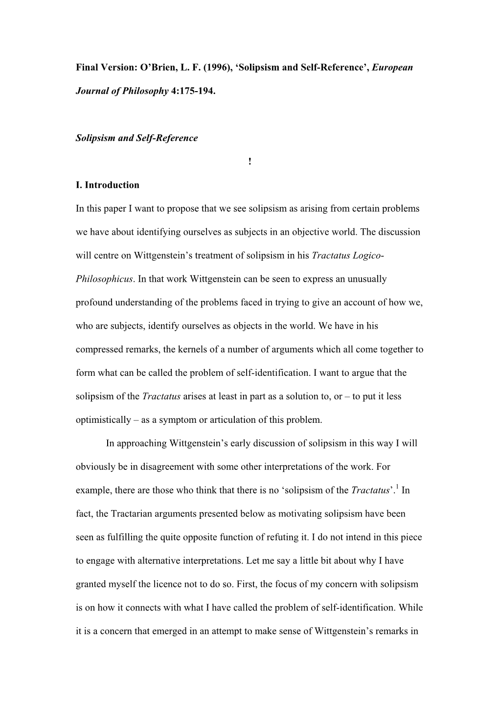 Final Version: O'brien, LF (1996), 'Solipsism and Self-Reference'