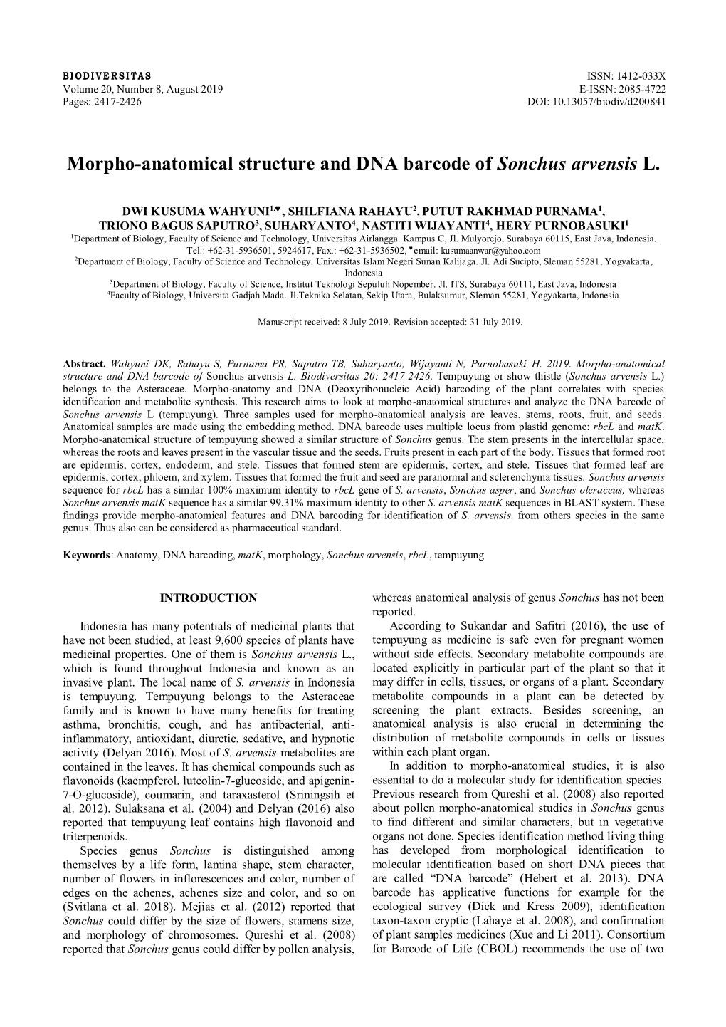 Morpho-Anatomical Structure and DNA Barcode of Sonchus Arvensis L