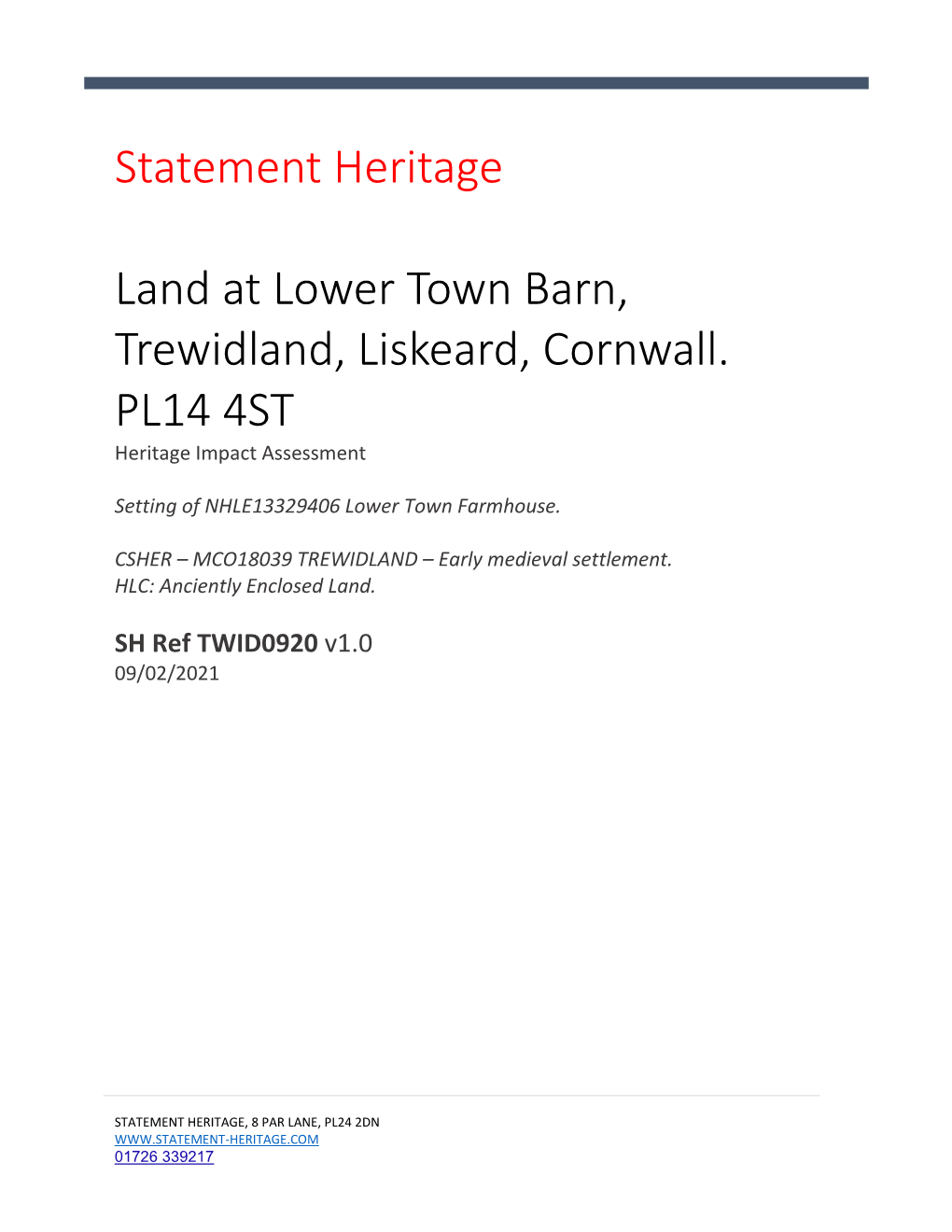 Statement Heritage Land at Lower Town Barn, Trewidland, Liskeard