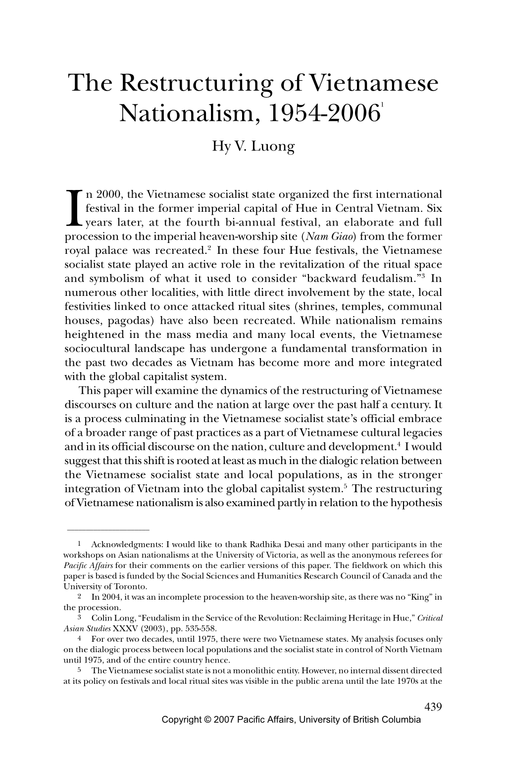 The Restructuring of Vietnamese Nationalism, 1954-20061 Hy V