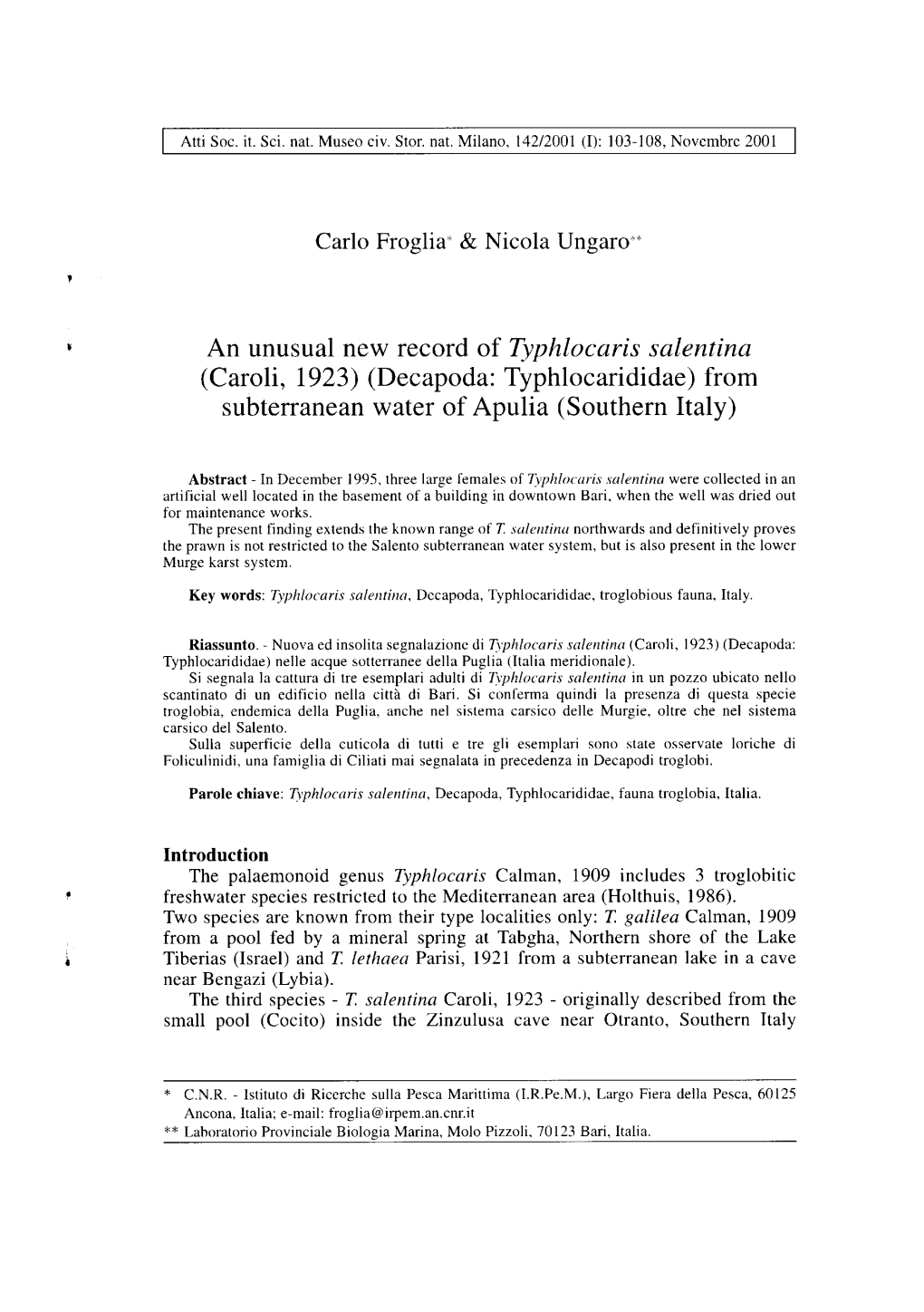 An Unusual New Record of Typhlocaris Salentina (Caroli, 1923) (Decapoda: Typhlocarididae) from Subterranean Water of Apulia (Southern Italy)